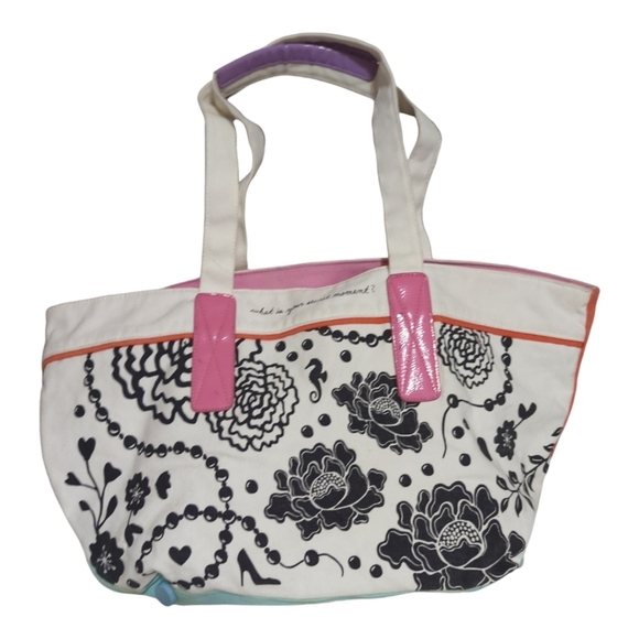 Victorias”Secret Moments”Canvas Tote carry on Bag Black White FLORAL RARE - Picture 2 of 8